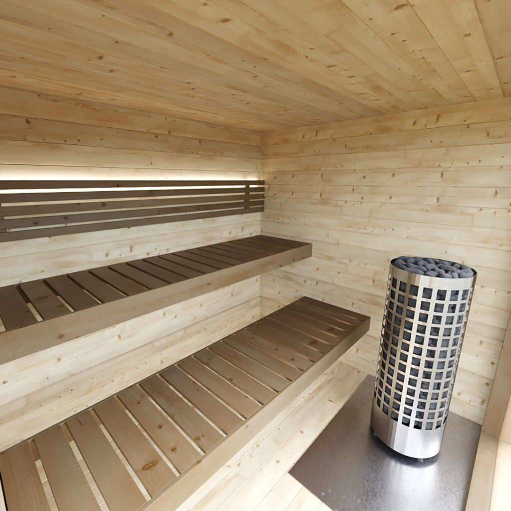 Dřevěná sauna modern kube profi s odpočívárnou a terasou 3