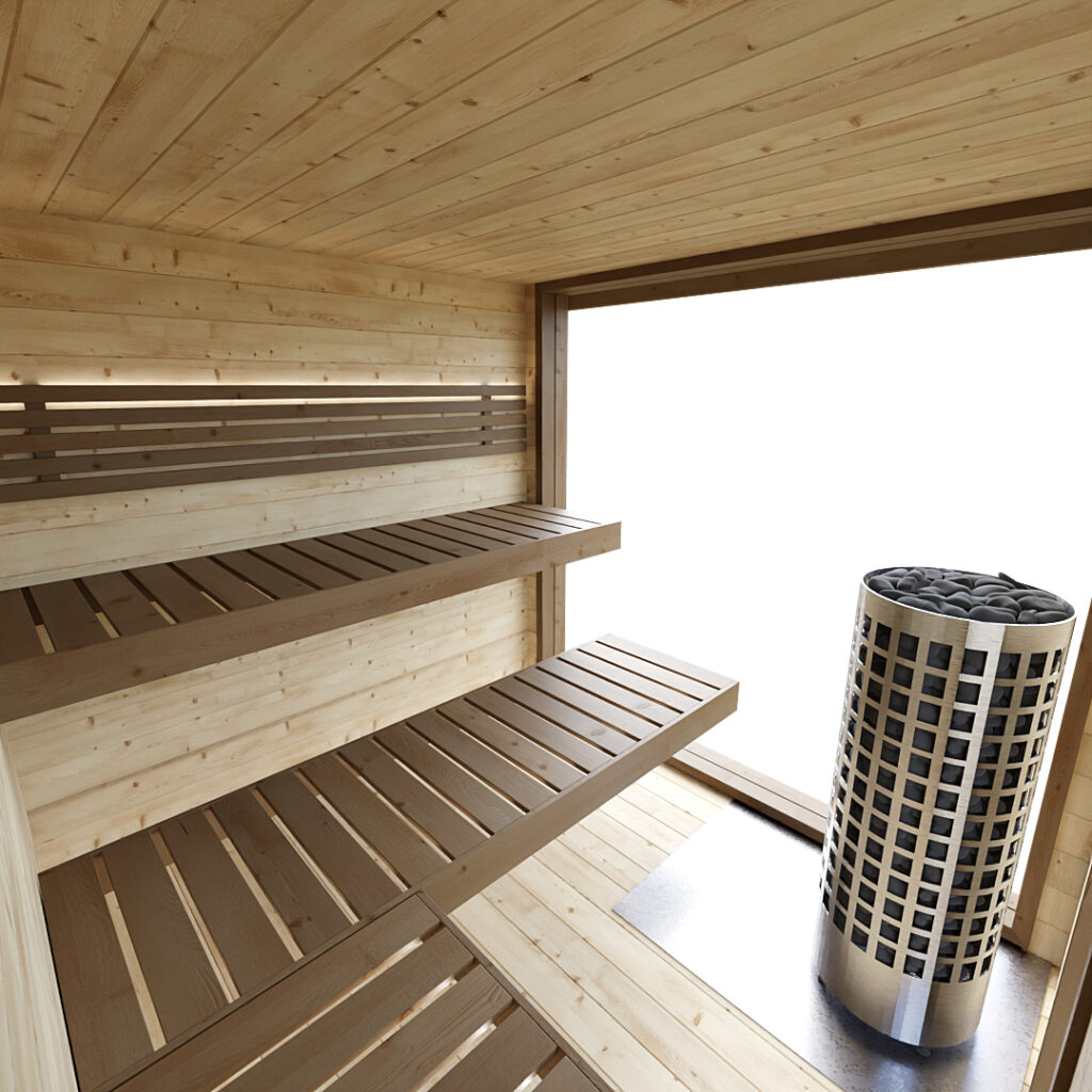 Dřevěná sauna modern kube profi s odpočívárnou a terasou 5