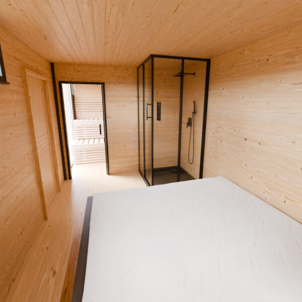 Dřevěná sauna modern kube profi s odpočívárnou a terasou 8