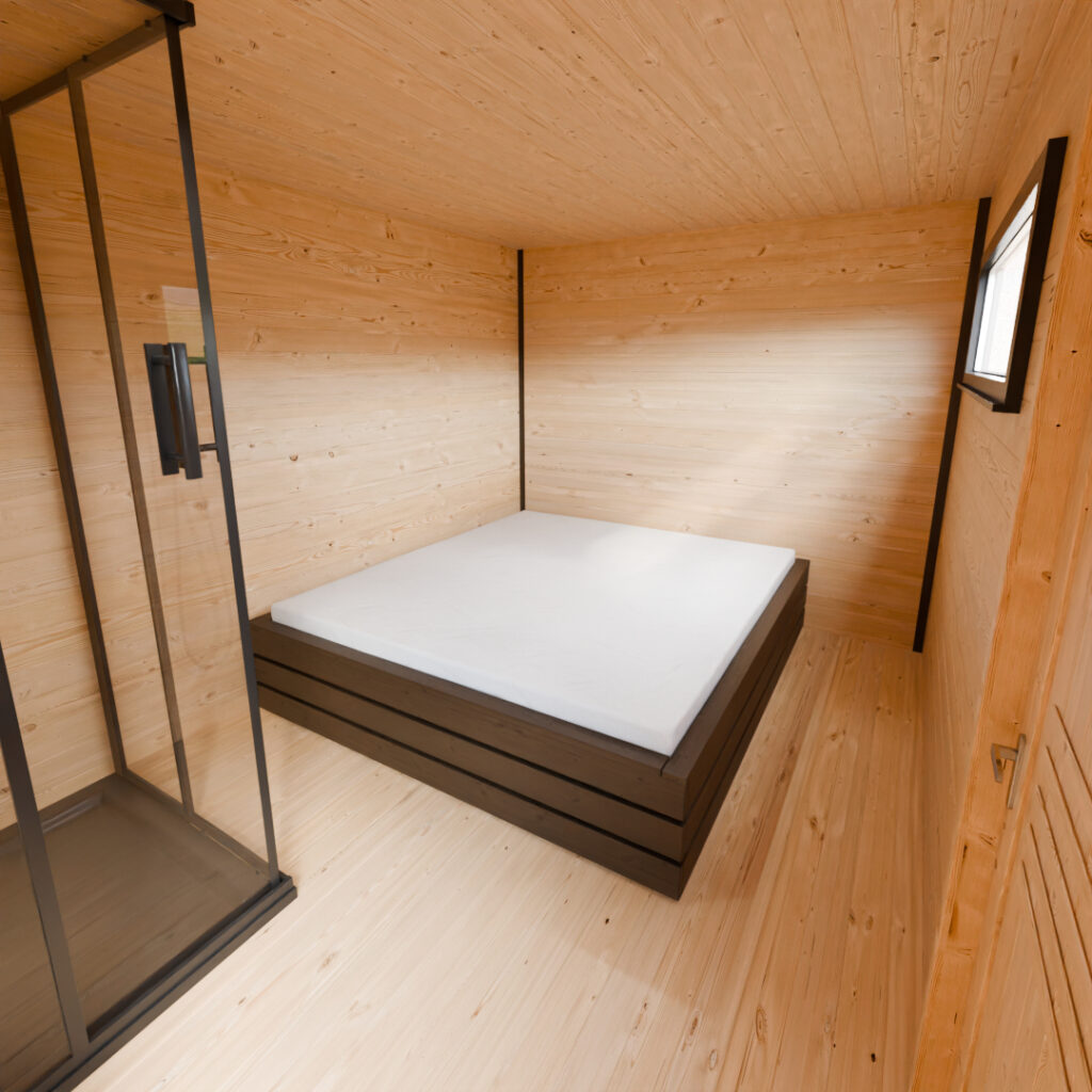 Dřevěná sauna modern kube profi s odpočívárnou a terasou 9