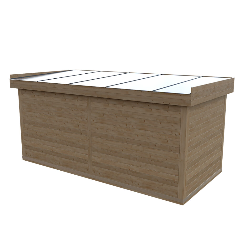 Dřevěná sauna modern kube profi s terasou:prostorem pro vířivku 1