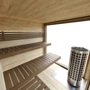 Dřevěná sauna modern kube profi s terasou:prostorem pro vířivku 6