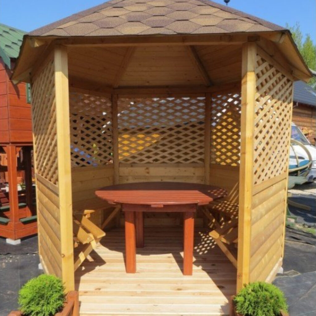 Dřevěný altán šestistranný koncept se srubovým obkladem 3