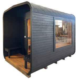 Dřevěná čtvercová sauna s terasou 3 m