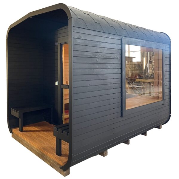 Dřevěná čtvercová sauna s terasou 3 m