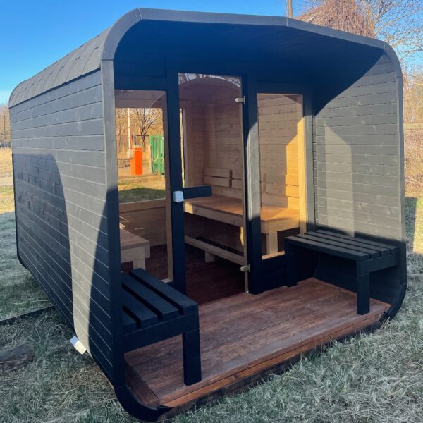 Dřevěná čtvercová sauna s terasou 3 m