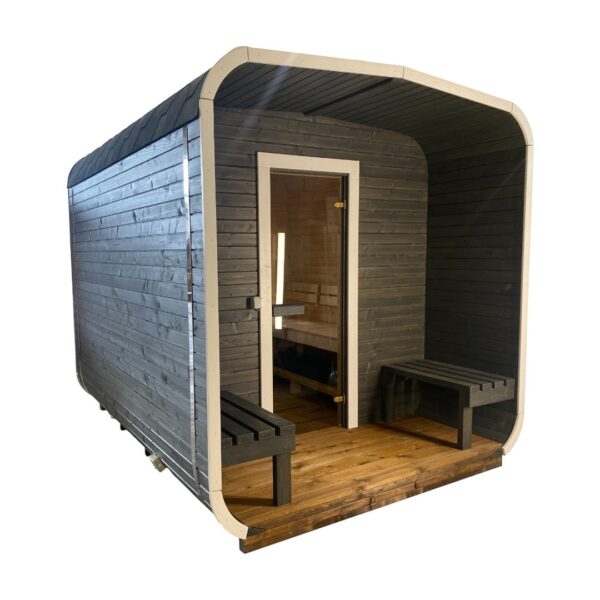 Dřevěná čtvercová sauna s terasou 3 m
