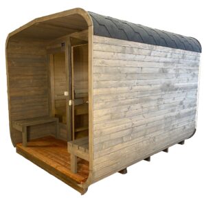 Dřevěná čtvercová sauna s terasou 3 m