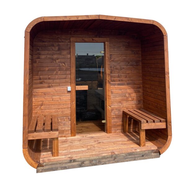 Dřevěná čtvercová sauna s terasou 3 m