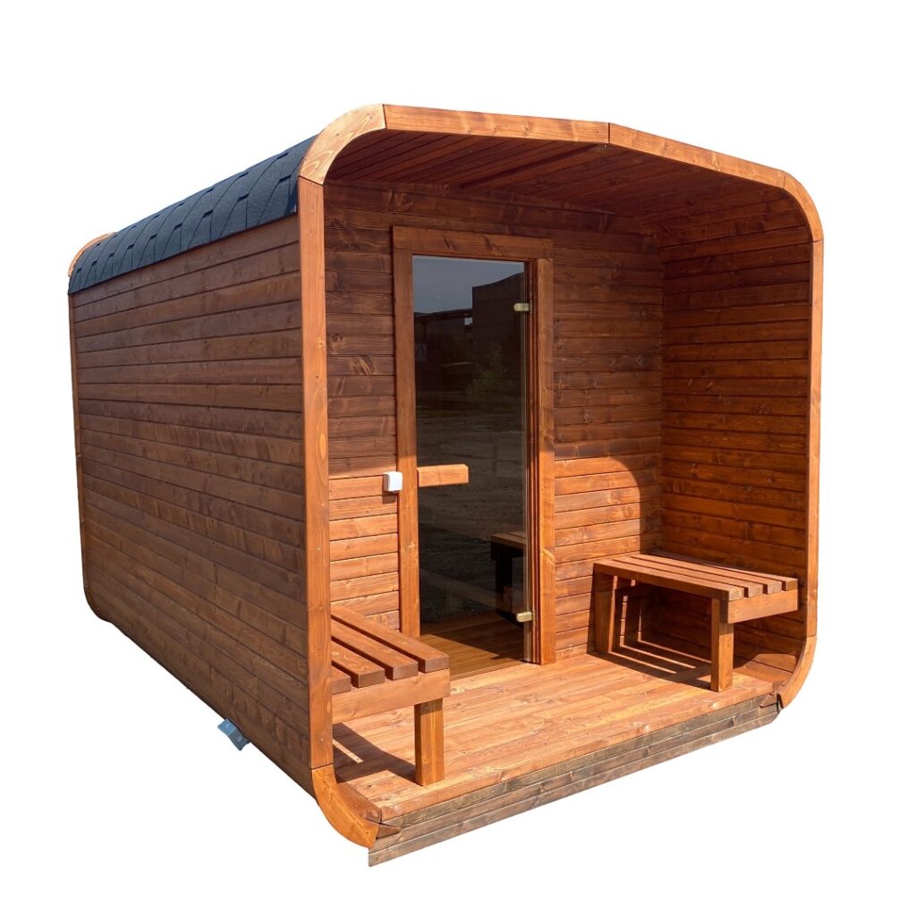 Dřevěná čtvercová sauna s terasou 3 m