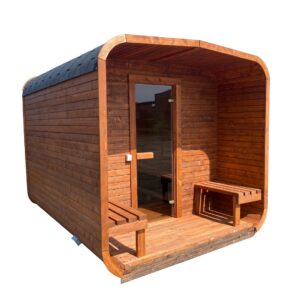 Dřevěná čtvercová sauna s terasou 3 m