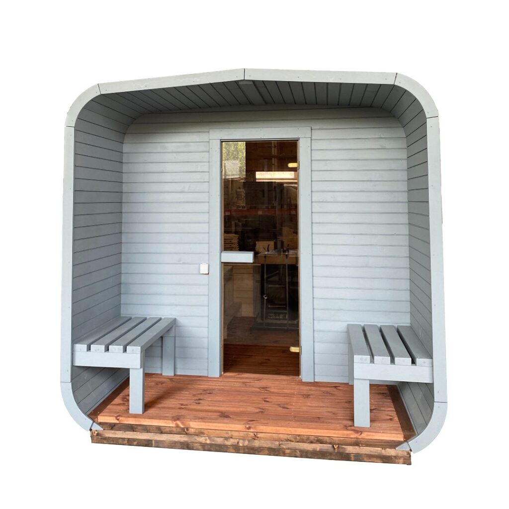 Dřevěná čtvercová sauna s terasou 3 m