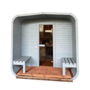 Dřevěná čtvercová sauna s terasou 3 m