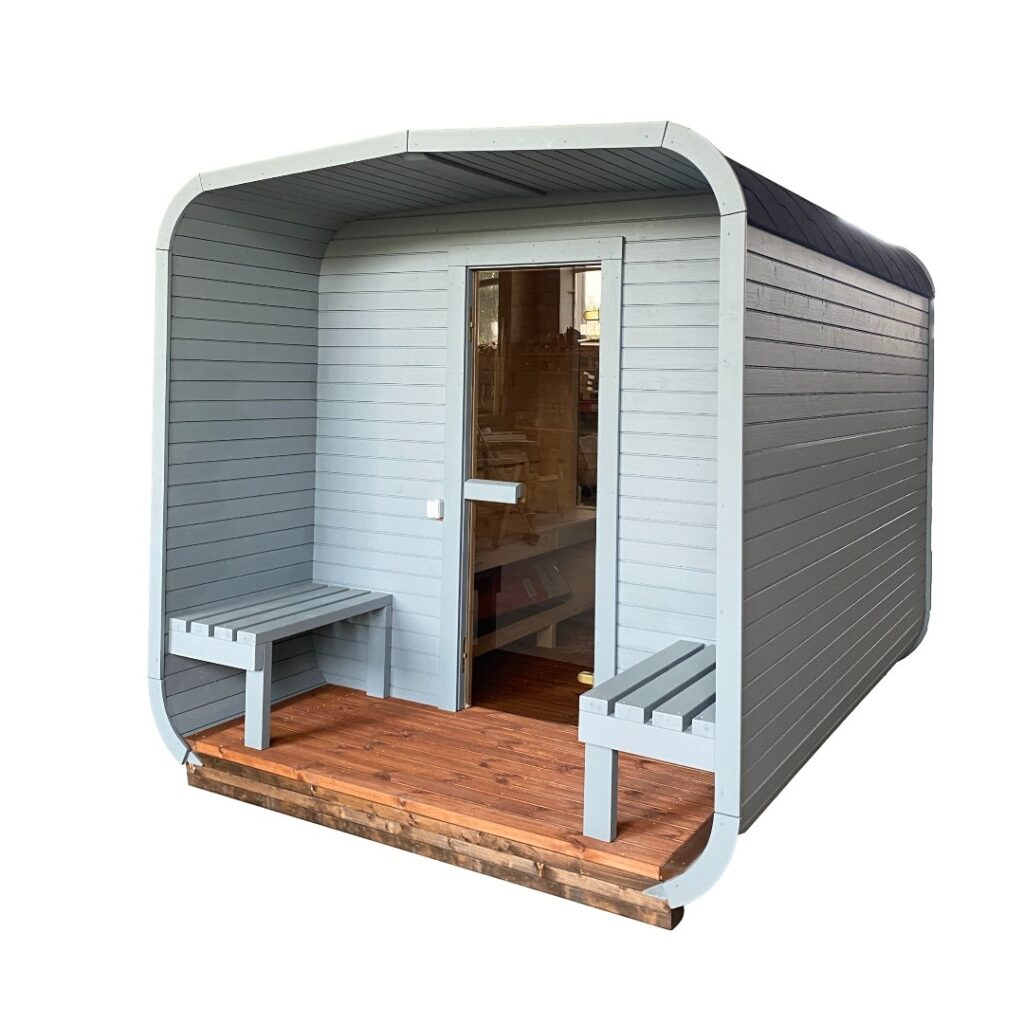 Dřevěná čtvercová sauna s terasou 3 m