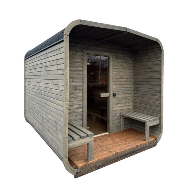 Dřevěná čtvercová sauna s terasou 3 m