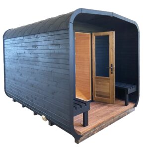 Dřevěná čtvercová sauna s terasou 3 m