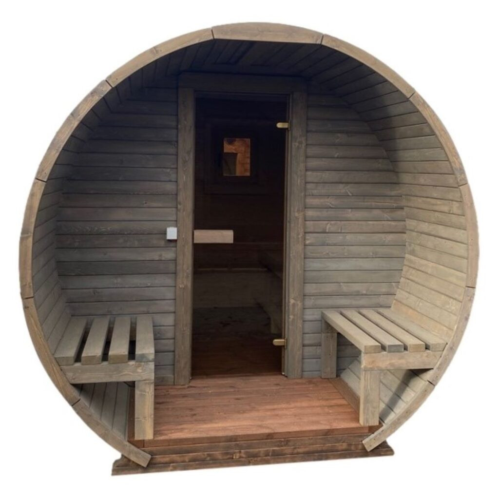 Dřevěná sudová sauna s terasou – 3 m