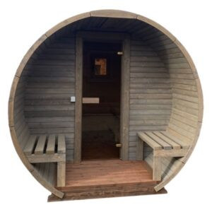 Dřevěná sudová sauna s terasou – 3 m