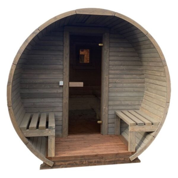 Dřevěná sudová sauna s terasou – 3 m