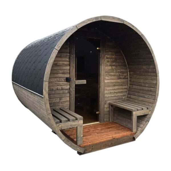 Dřevěná sudová sauna s terasou – 3 m
