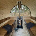 Dřevěná sudová sauna s terasou – 3 m