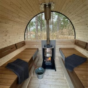 Dřevěná sudová sauna s terasou – 3 m