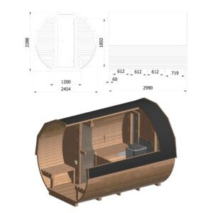 Dřevěná sudová sauna s terasou – 3 m