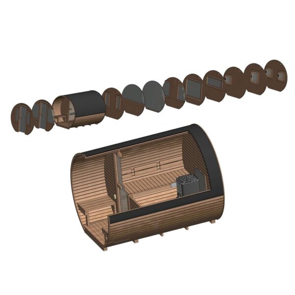 Dřevěná sudová sauna s terasou – 3 m