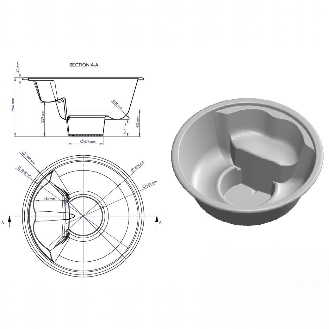 integr. vířivka 200cm - techn. rozměry