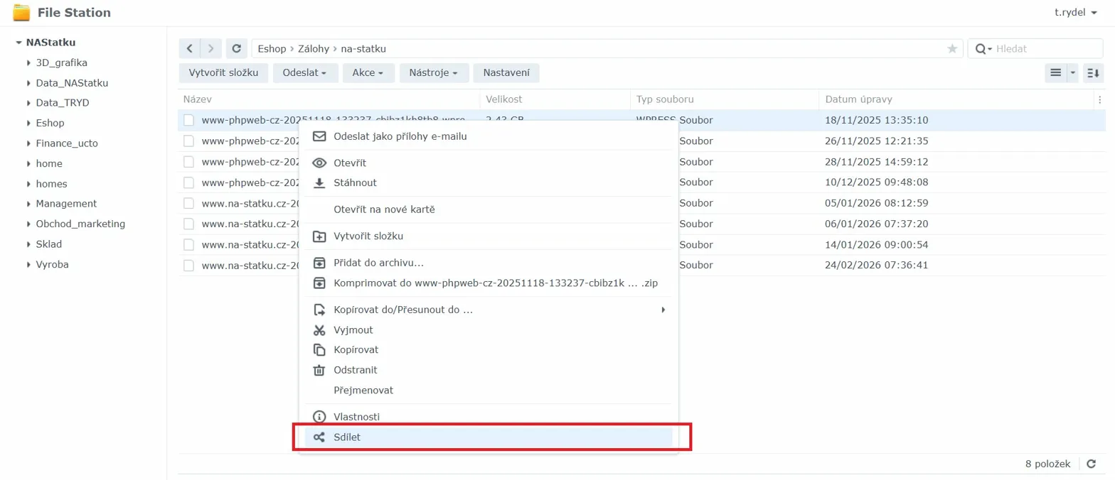 Kontextové menu File Station s možností Sdílet